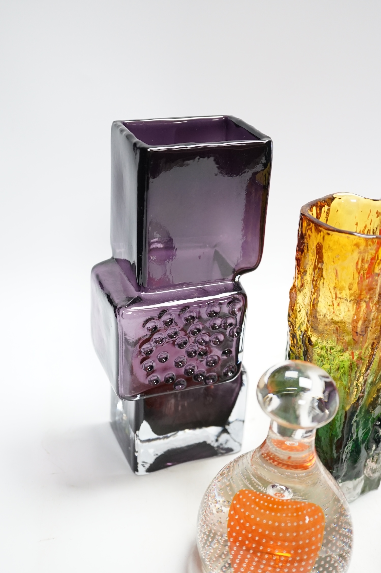 A Whitefriars style drunken bricklayer vase, a Whitefriars ‘bark’ vase, together with four other items, tallest vase 23.5cm high. Condition - good